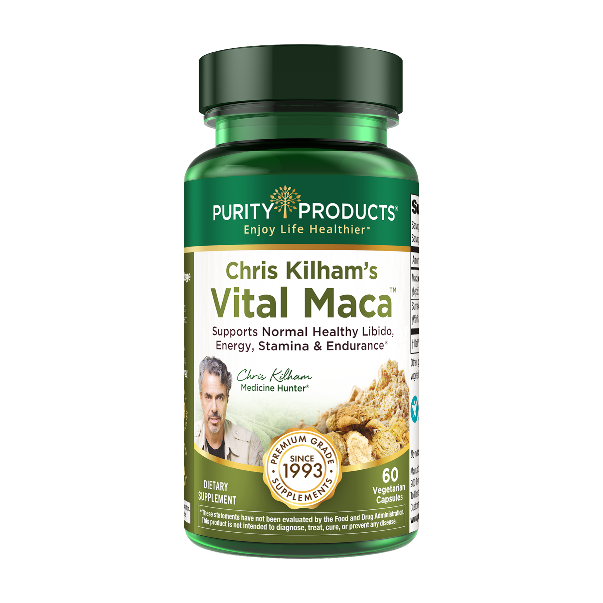 Supplement bottle labeled 'Chris Kilham's Vital Maca' by Purity Products on a white background