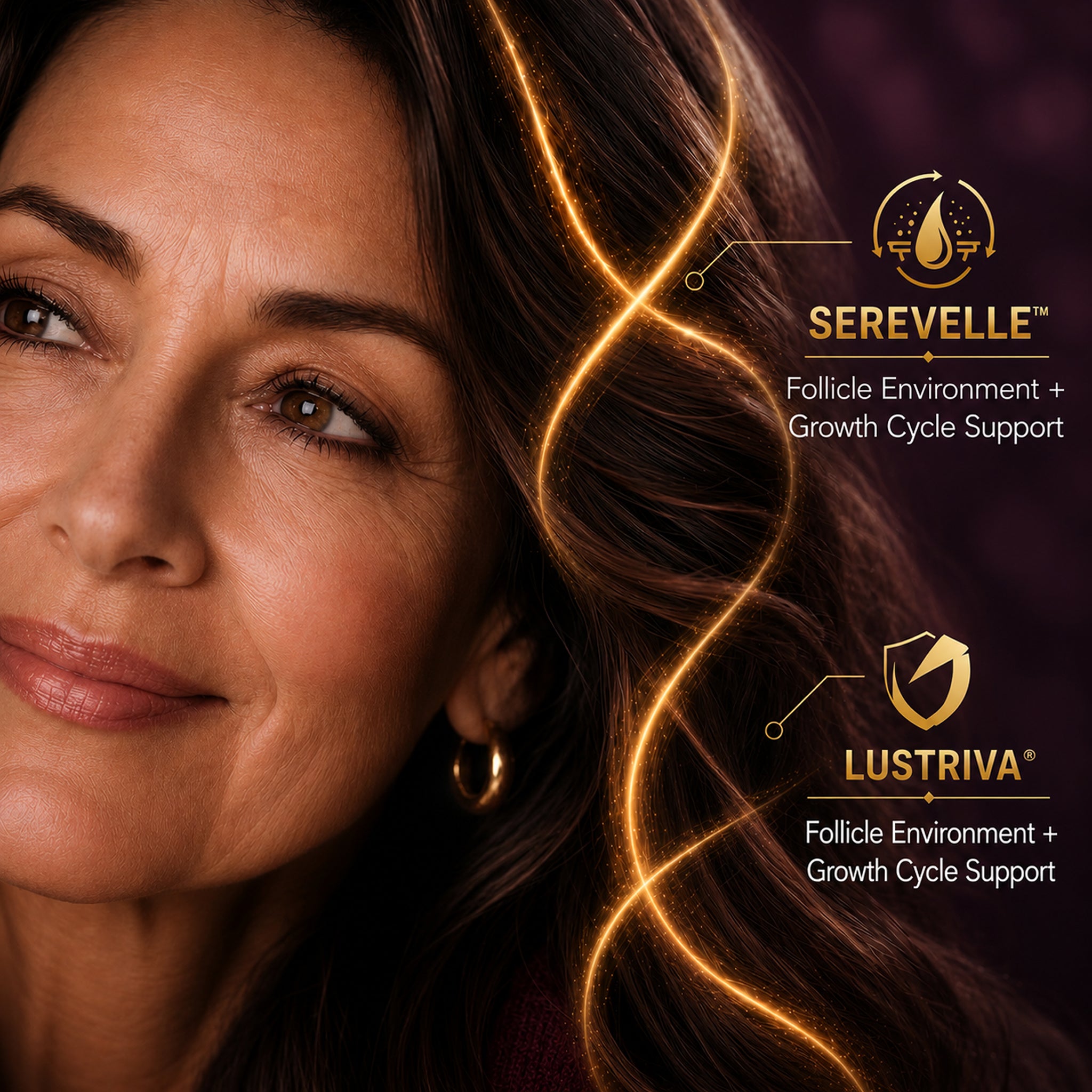 Woman with glowing hair strands, featuring Serevelle and Lustriva logos. After using the Purity Products My Biotin Growth+ Hair supplements. 