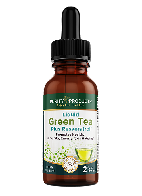 Delivered in liquid form with a convenient squeeze dropper; Green Tea Plus Resveratrol supports healthy immunity and healthy energy levels.*
